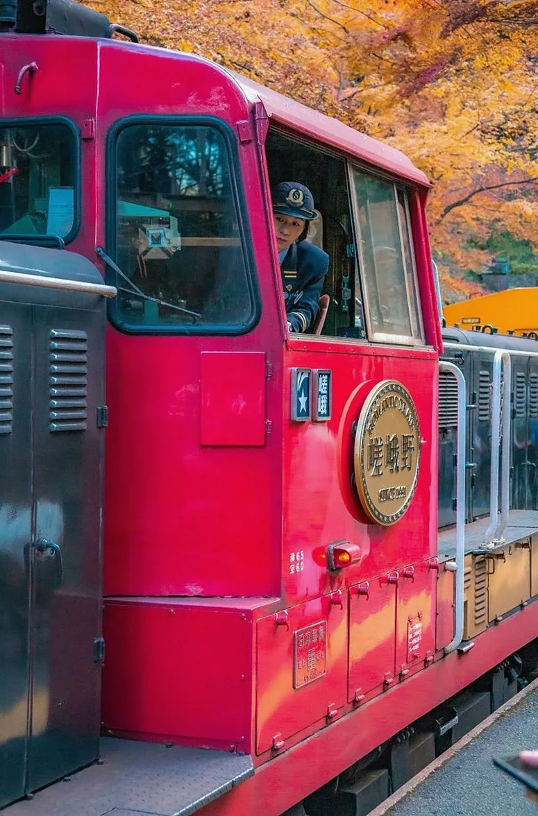 紅葉の中を走る赤い観光列車